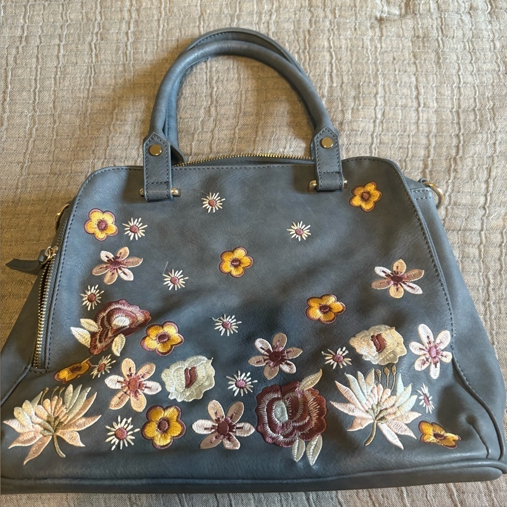 Floral Embroidered Small Satchel Handbag Grey Square Evening Purse